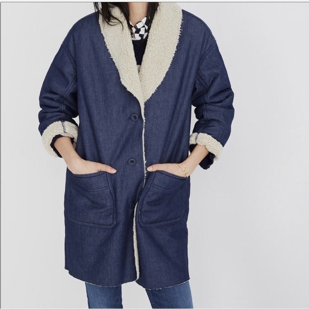 Madewell Sherpa Bonded Denim Cocoon Coat Jacket L Cozy Cabin